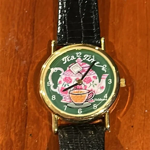 Tea Time Pop Art Tea Pot Watch Genuine Black Leather Strap Watch Gold Accents - Picture 6 of 12